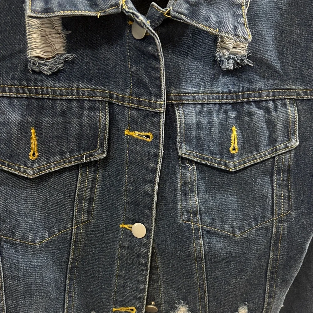 Handmade Embroidered Denim Jacket - Blue with Pastel Puff Text - Picture 5 of 7